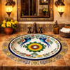 Round talavera bathroom sink bird floral design Mexico in a Spanish Revival bathroom with tile vanity and warm tones
