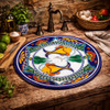 Round talavera bathroom sink colorful fish design style installed in rustic kitchen bar with natural textures