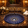 Round talavera bathroom sink blue mandala design Mexico featured in a restaurant bathroom with ambient lighting and elegant finishes