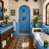Mexican solid light blue talavera tiles for walls and backsplashes featured in a bright hacienda bathroom setting