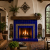 Mexican solid cobalt tiles for walls and backsplashes surrounding a Spanish fireplace with traditional architectural character