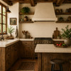 Mexican off white talavera tiles for walls and backsplashes featured as a warm backsplash in a rustic kitchen with natural wood accents