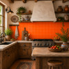 Mexican solid orange talavera tiles installed in a rustic kitchen creating a vibrant handcrafted focal point