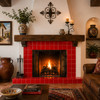 Handmade solid red Mexican talavera tiles for bold vibrant interiors surrounding a Spanish fireplace with warm traditional character
