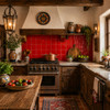 Handmade solid red Mexican talavera tiles for bold vibrant interiors installed as a backsplash in a rustic kitchen with natural wood accents
