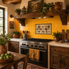 Handmade solid yellow Mexican talavera tiles for warm vibrant interiors installed as a rustic kitchen backsplash with wood accents