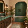Handmade washed green Mexican talavera tiles for serene interiors installed in a hacienda bathroom with artisan architectural details