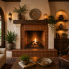 Solid coffee brown Mexican talavera tiles surrounding a Spanish fireplace with traditional architectural details