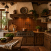 Solid coffee brown Mexican talavera tiles installed as a warm backsplash in a rustic kitchen with natural wood accents