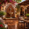 Solid coffee brown Mexican talavera tiles enhancing a Mediterranean courtyard with stone textures and warm tones