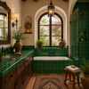 Mexican talavera tiles solid green handmade ceramic wall accent featured in a hacienda bathroom with artisan finishes