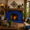 Washed blue Mexican talavera tiles surrounding a hacienda fireplace with timeless Mexican character