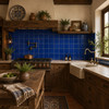 Washed blue Mexican talavera tiles installed as a rustic kitchen backsplash with warm wood cabinetry