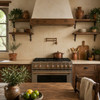 Washed baggie Mexican talavera tiles installed as a rustic kitchen backsplash with warm wood finishes