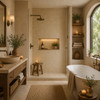 Washed baggie Mexican talavera tiles creating a relaxing spa bathroom with soft neutral tones
