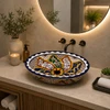 Double sided hand painted oval baroque bathroom sink in modern spa bathroom interior