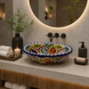 Double sided hand painted oval bathroom sink mediterranean bloom in modern spa bathroom