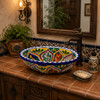 Double sided hand painted oval bathroom sink mediterranean bloom in Spanish Revival vanity