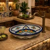 Double sided hand painted oval bathroom sink arabesque pattern in rustic kitchen bar