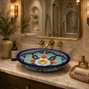 Coral floral double sided hand painted oval bathroom sink in luxury bathroom with stone vanity