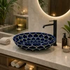 Double sided hand painted oval bathroom sink petals in modern spa with stone vanity design