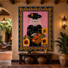 La catrina talavera tile mural in a boutique hotel with artisan decor and warm ambient lighting.