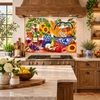 Sunflowers and bread talavera tile mural in a farmhouse kitchen with natural wood finishes.