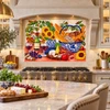 Sunflowers and bread talavera tile mural displayed in a gourmet kitchen with elegant styling.