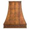 Front view of tall copper range hood with iron straps and embossed botanical apron, showing its vertical bell silhouette