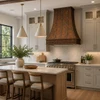 Tall copper range hood with iron straps in a transitional kitchen with Shaker cabinets, quiet stone, and warm wood