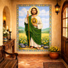 Saint Jude Mexican talavera religious tile mural art installed as devotional focal point in warm Spanish style house entryway