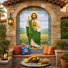 Saint Jude Mexican talavera religious tile mural art featured on courtyard wall within elegant Spanish Revival architectural setting