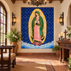 Mexican tile mural - our lady Guadalupe in a Spanish colonial prayer room with rustic wood decor.