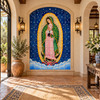 Mexican tile mural - our lady Guadalupe in a Mediterranean foyer with plaster walls and pottery.
