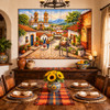 Colorful colonial village tile mural in dining room with rustic handcrafted ambiance