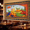 Mexican talavera tile mural fruit harvest featured on restaurant dining wall creating inviting atmosphere