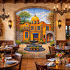 Spanish colonial courtyard talavera tile mural fountain scene displayed on restaurant wall creating vibrant hacienda style dining atmosphere