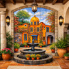 Spanish colonial courtyard talavera tile mural fountain scene featured in Spanish Revival courtyard wall with fountain and garden inspired design