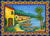 Mexican talavera tile mural coastal village