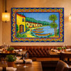 Mexican talavera tile mural coastal village displayed on a restaurant dining wall creating warmth