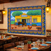 Mexican talavera tile mural cantina scene used on a restaurant wall adding traditional character and cultural atmosphere