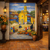 Mexican church market talavera tile mural scene in restaurant entry with bold handcrafted visual impact