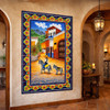 Mexican village donkey talavera tile mural scene in Spanish Revival interior with arches and warm terracotta finishes