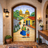 Mexican village church scene talavera tile mural in entryway wall enhancing Spanish Revival style