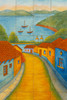 Mexican tile mural coastal village – hand-painted ceramic wall art depicting a colorful lakeside town scene