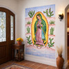 Virgin Guadalupe cactus talavera tile mural design in house entryway enhancing space with serene artisan detail