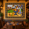 Mexican vineyard talavera tile mural design in a Mexican restaurant with wood tables and tile decor.