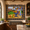 Mexican vineyard talavera tile mural design in a Mediterranean kitchen with rustic wood and pottery.