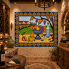 Mexican vineyard talavera tile mural design in a wine cellar with wood racks and stone walls.
