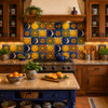 Mexican sun and moon tile mix installed as a vivid kitchen backsplash with folk-art charm